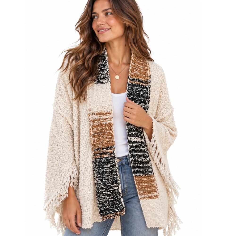 POL Fringe Sleeve Cardigan Womens Medium Chunky Knit Earthy Distressed *FLAW